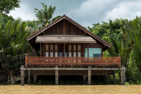 Riverside Modern Thailand Rumah Dengan Perkebunan Kelapa Sawit Bang Pakong — Stok Foto