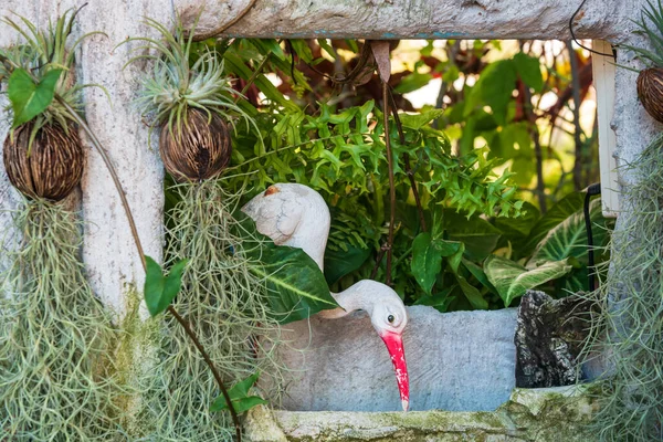 在花园里装饰有天然植物草本植物的人造鸟类或白鹭 装在椰子干罐子里 — 图库照片