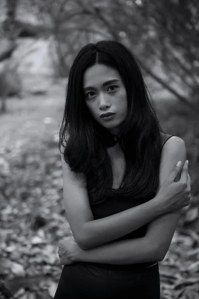 Portrait Asian Stress Woman Black Dress Outfit Abandon Forest Nature —  Fotos de Stock