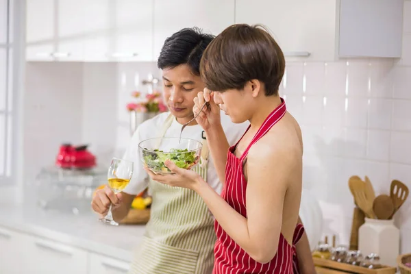 Young Sexy Topless Lbgt Man Red Apron Make Salad His — Stockfoto