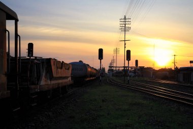 trains on railway tracks by Train Station at sunset, Korat
