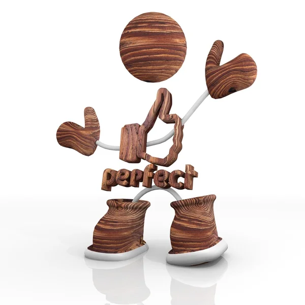 Perfect symbol in wood with 3d character Illustration — Stock Photo, Image