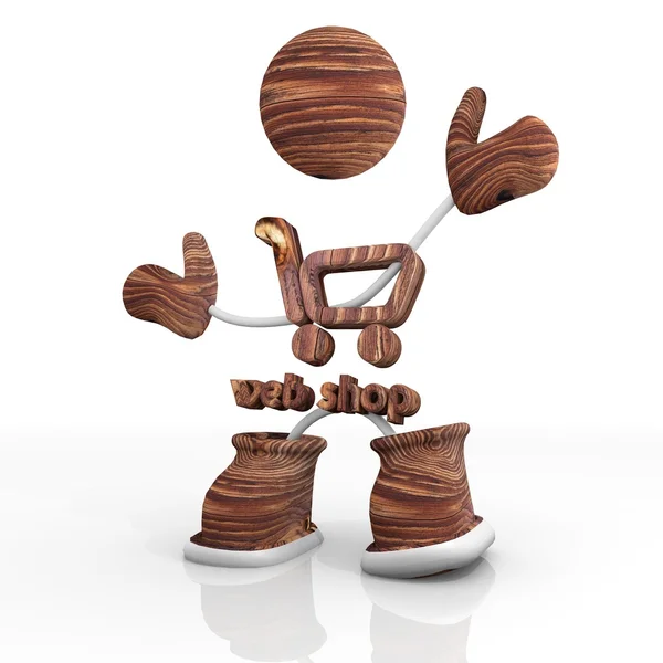 Loja de compras de madeira 3d ilustração com personagem bonito — Fotografia de Stock
