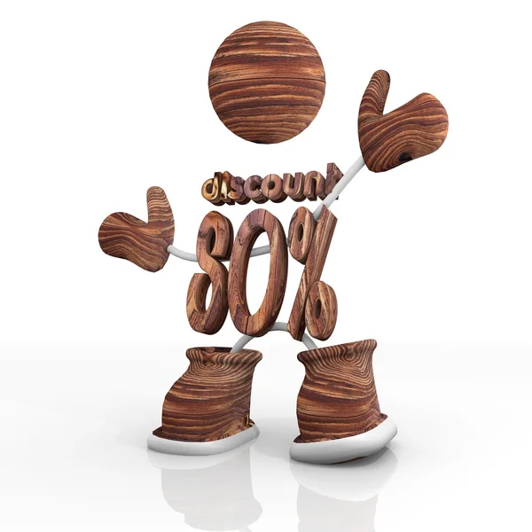 Wooden -80 percent discount 3d cahracter Illustration — Stock Photo, Image