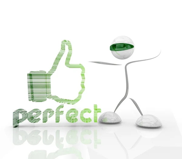 Futuristic perfect symbol in green lines with 3d character — Stock Photo, Image