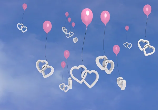 Glückliche zwei Herzen Symbole auf fliegenden Ballons — Stockfoto