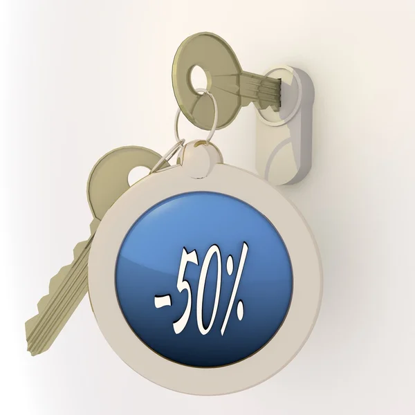 Locked -50 percent discount icon on key pendant — Stock Photo, Image