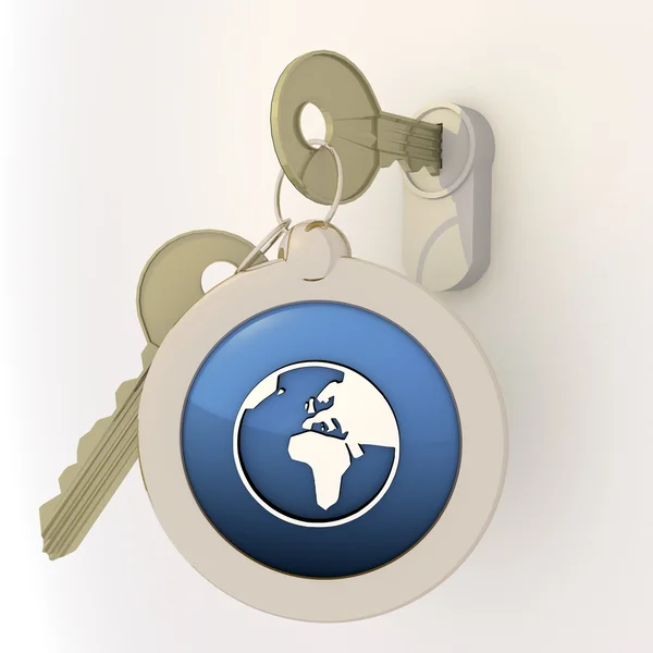 Unlocked world icon on key pendant — стоковое фото