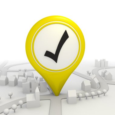 Isolated check pictogram inside a yellow map pointer clipart