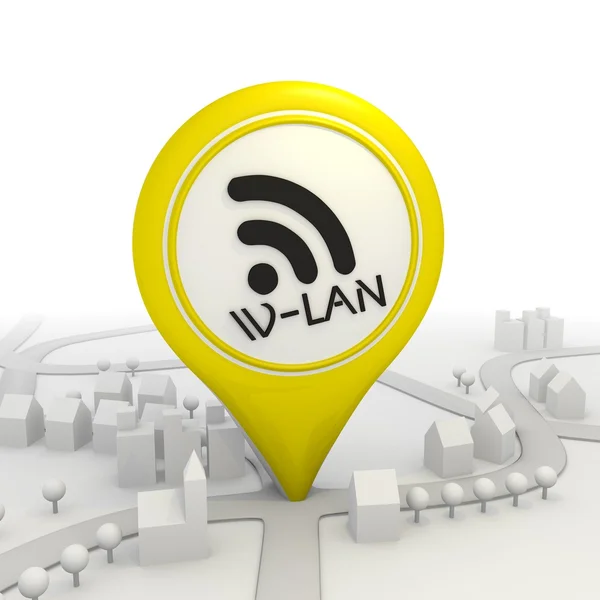 Symbolic w-lan icon inside a yellow map pointer — Stock Photo, Image