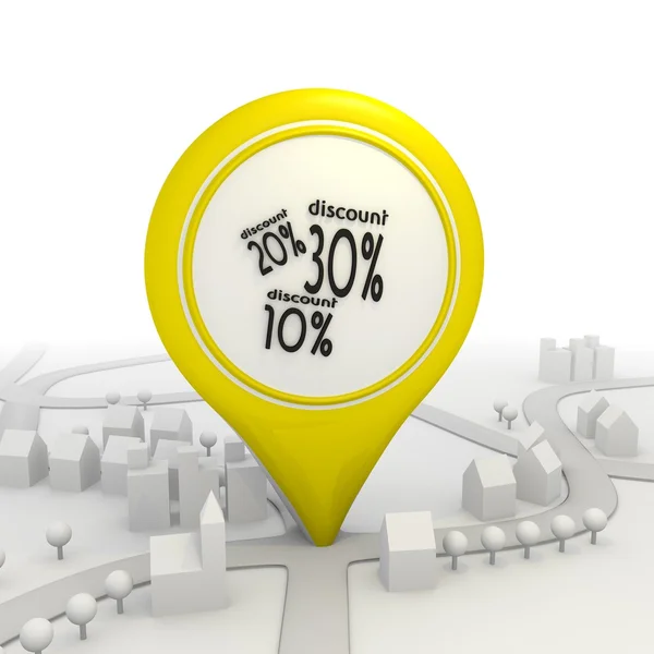 Discount icons inside a yellow map pointer — Stock Photo, Image