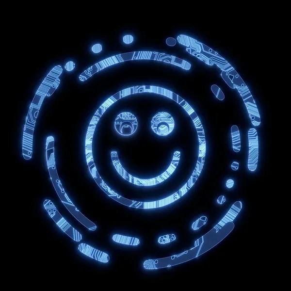 计算机芯片上的发光的蓝色笑脸微笑符号 — 图库照片