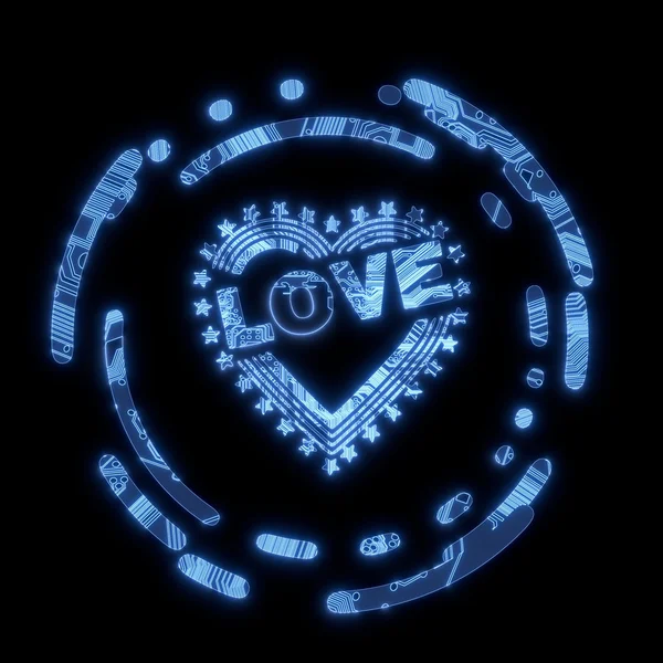 Illuminated blue computer heart with stars symbol — Stock Photo, Image