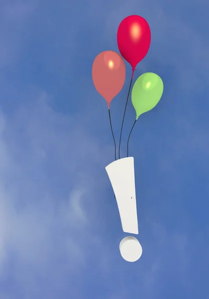 Tre palloncini colorati con simbolo di attenzione che volano nel cielo — Foto Stock