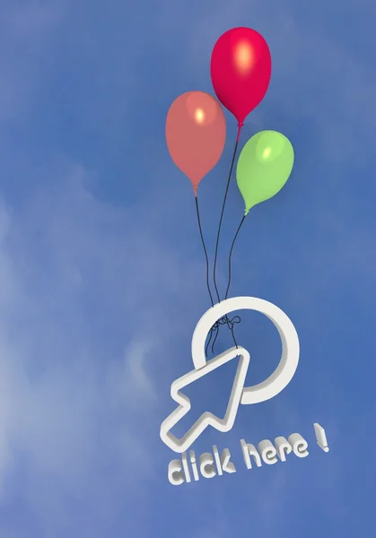 Drie kleurrijke ballons met Klik hier symbool vliegen in de lucht — Stockfoto