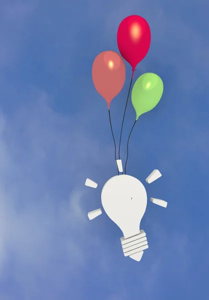 Tres coloridos globos con el símbolo de la idea volando en el cielo — Foto de Stock