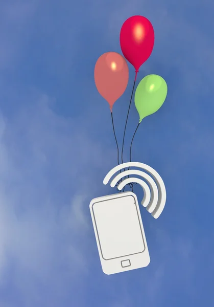 Три разноцветных шара с летающим в небе смартфоном — стоковое фото