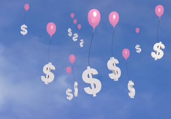 Many flying Dollar balloons in the blue sky — Stok fotoğraf