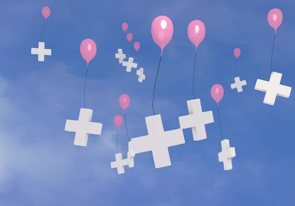 Många ballonger med cross symbol flyger i himlen — Stockfoto