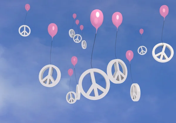 Vliegende vrede symbool ballonnen in de blauwe hemel — Stockfoto