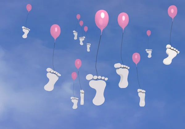 Veel ballonnen met voetafdruk symbool vliegen in de lucht — Stockfoto
