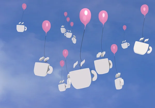 Muchos globos con símbolo de cofee volando en el cielo — Foto de Stock