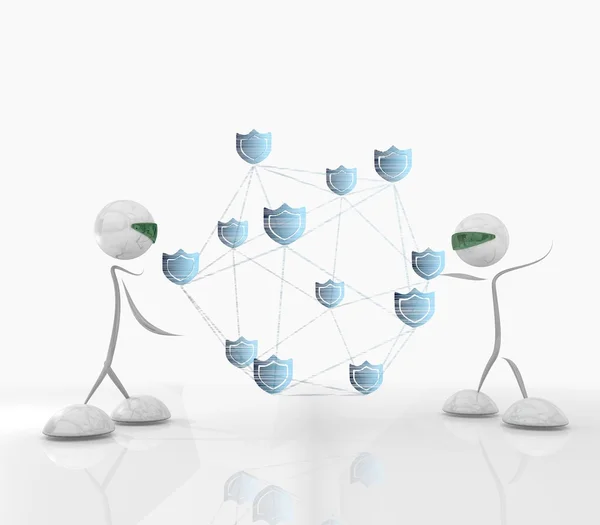Rede de proteção cibernética com dois caracteres futuristas — Fotografia de Stock