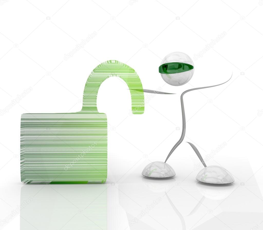 Unlock icon with a futuristic character on a white background