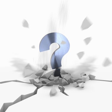 3d graphic of a shattered question symbol fallen from sky clipart