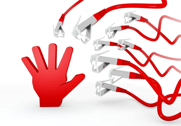 3D-Darstellung einer bedrohten Hand, die von einem Cyber-Netzwerk angegriffen wird — Stockfoto