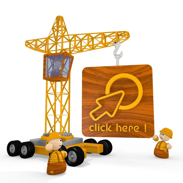 3d graphic of a childish click here symbol with a crane — Stock Photo, Image