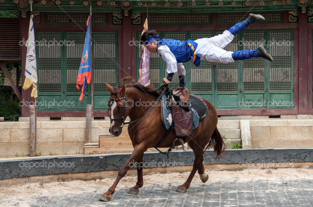 Performance in the traditional horse riding Korean folk village Stock