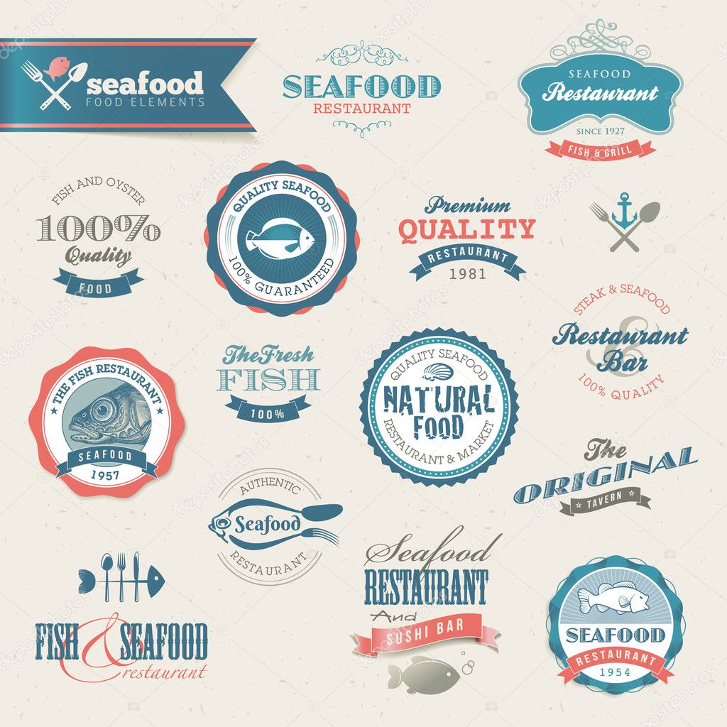 Set of vector seafood labels and elements