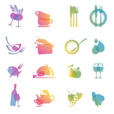 Set of colorful food and drink icons for restaurants clipart