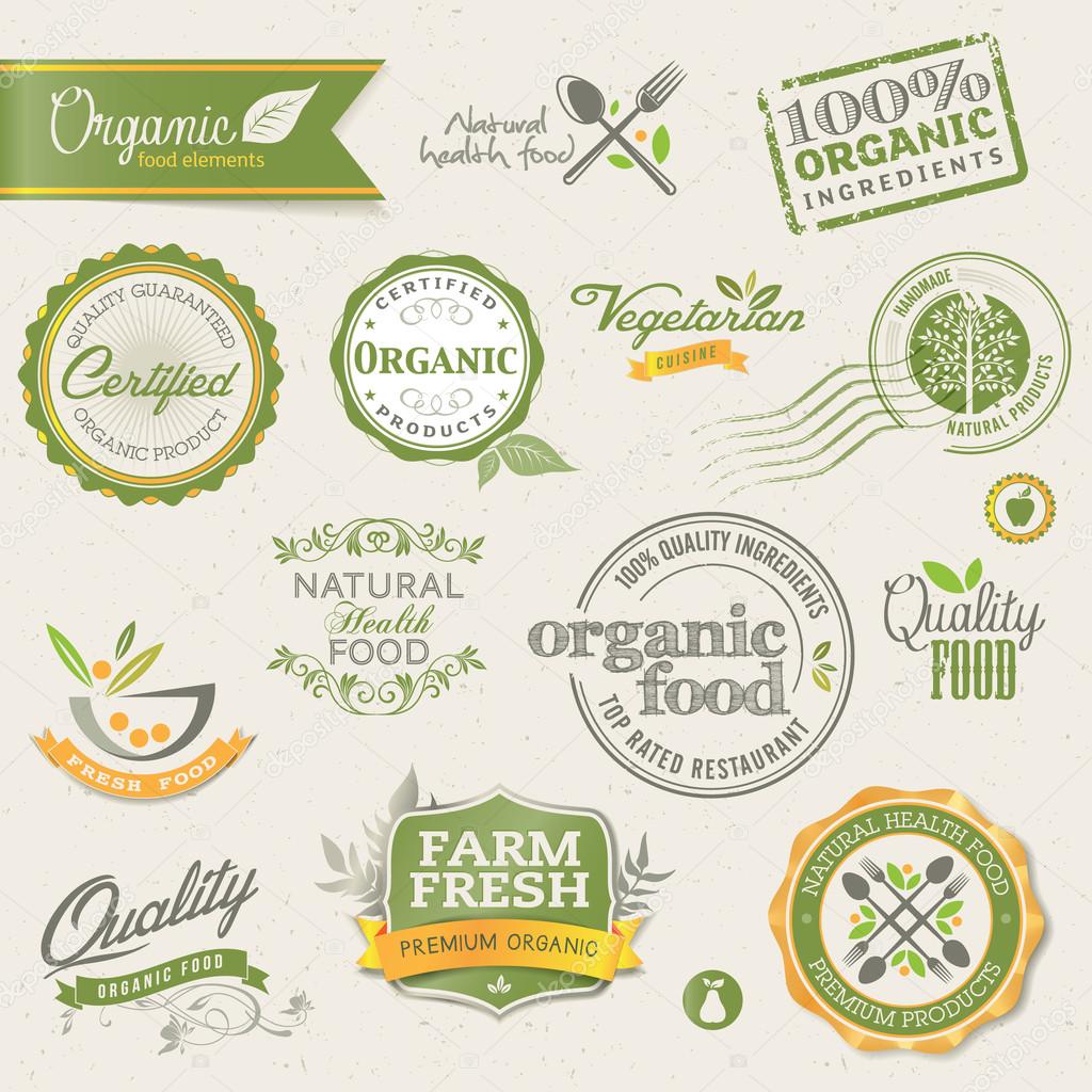 Set of vector labels and elements for organic food