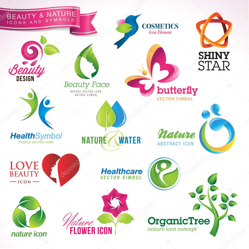 Set of vector icons and symbols for beauty, nature, cosmetics, spa, health care
