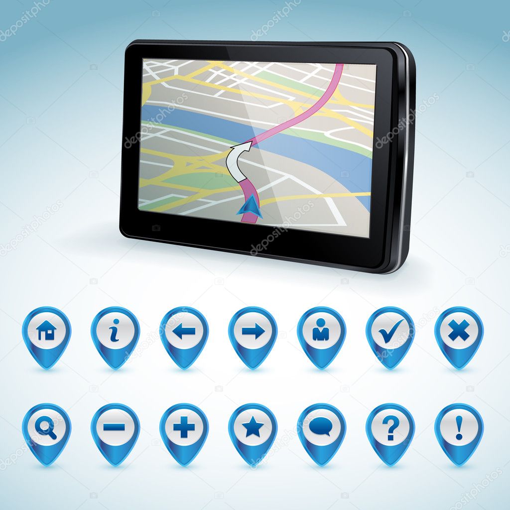 GPS navigator and set of GPS icons