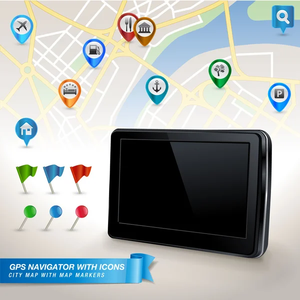 Navegador GPS con mapa de la ciudad y conjunto de iconos GPS — Vector de stock