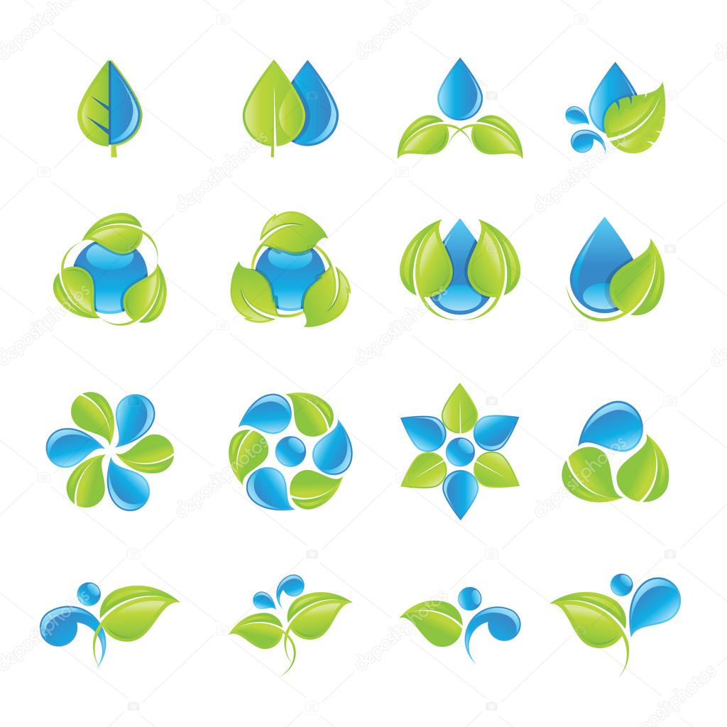 Water and leaves icon set