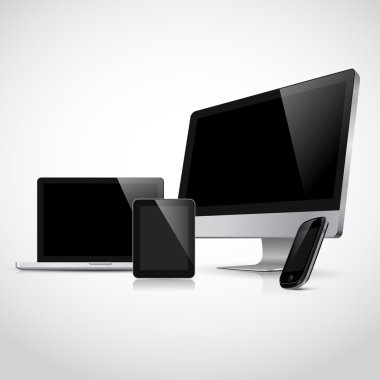 Gerçekçi vektör dizüstü, tablet bilgisayar, monitör ve cep telefonu şablonu
