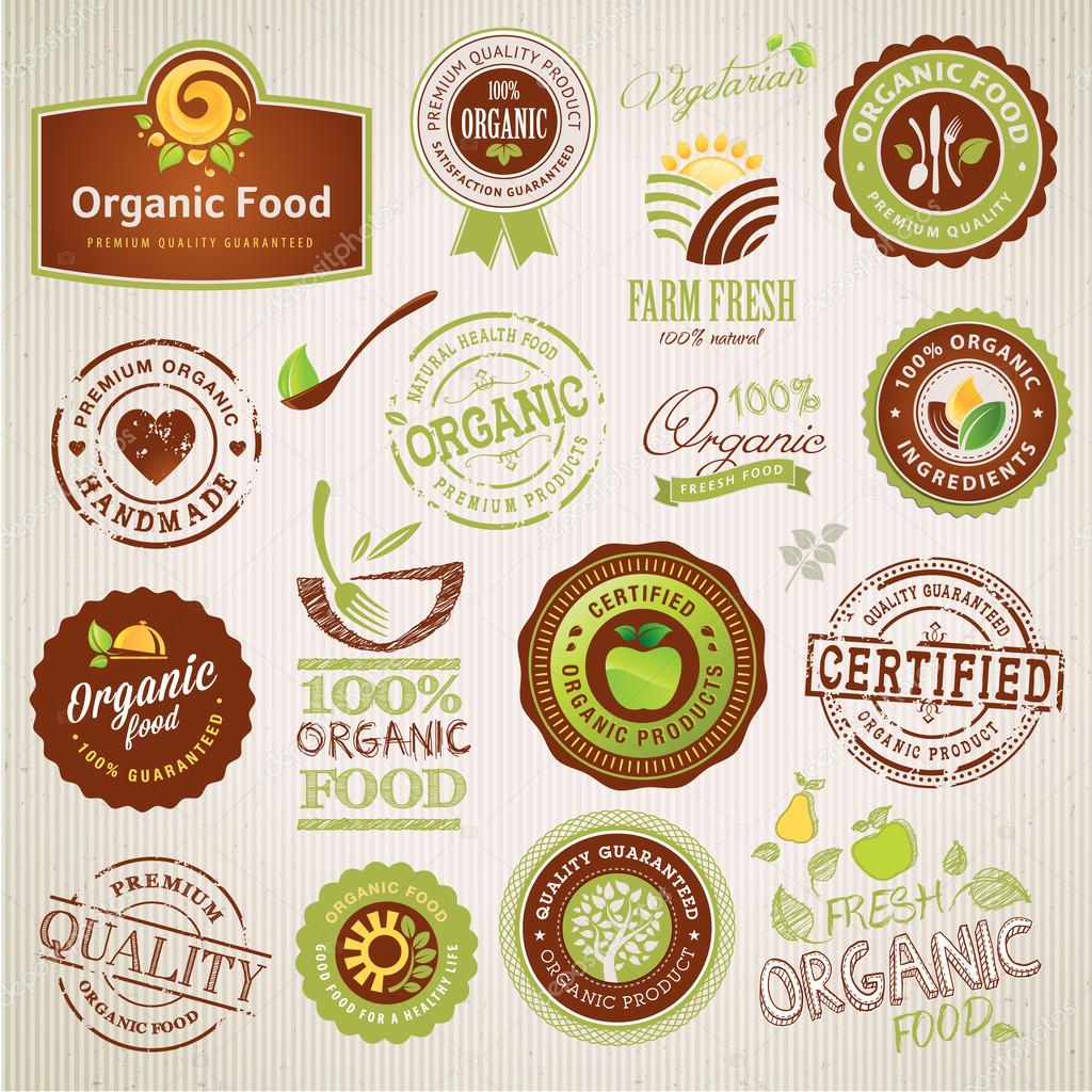 Set of vector organic food labels and elements