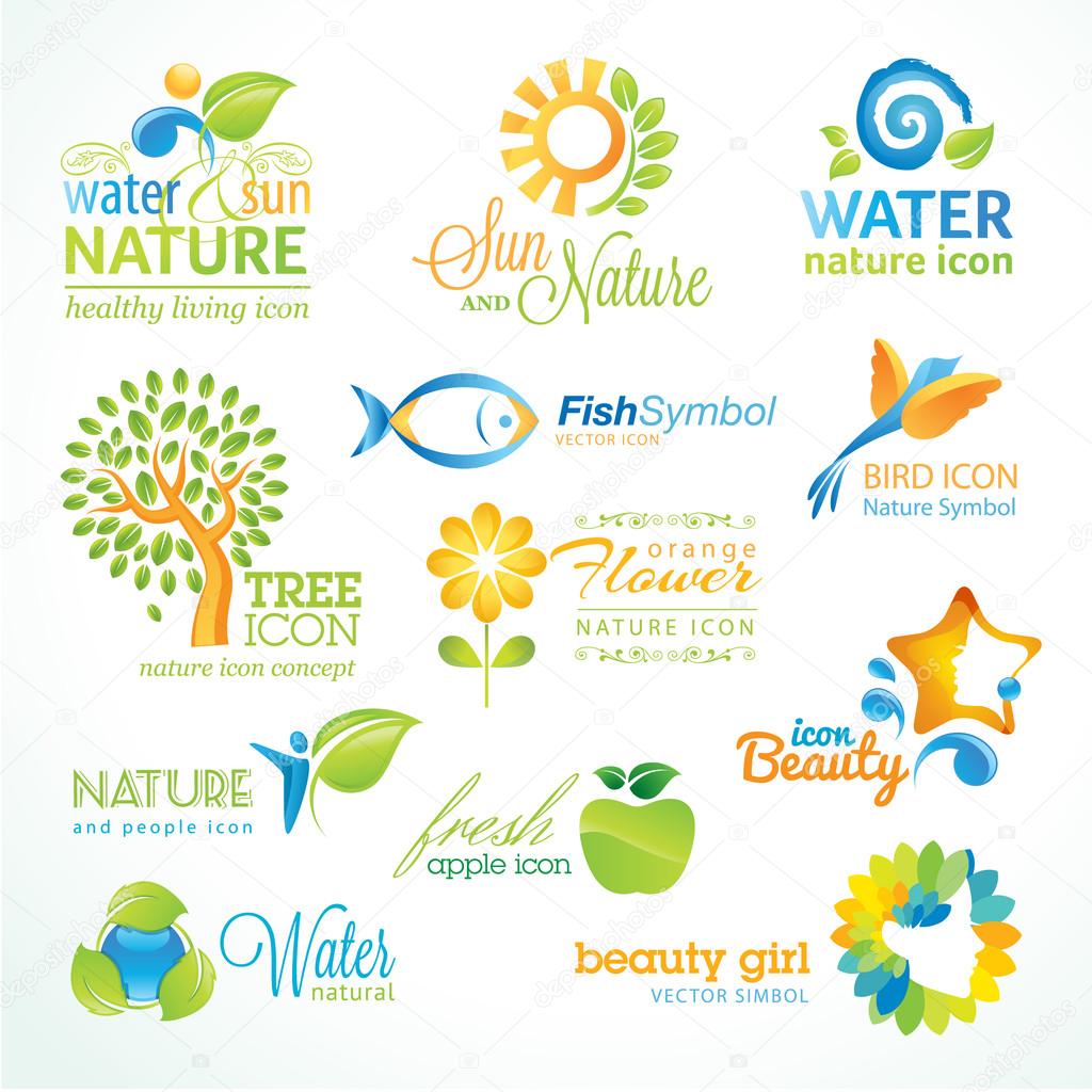 Set of vector icon for nature, food and drink, beauty, cosmetics, spa, organic product, animals, flowers and tree