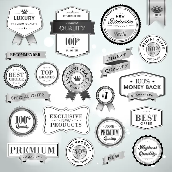 Set de etiquetas y cintas de plata de lujo — Vector de stock