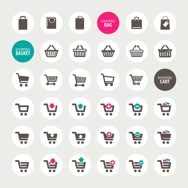 Conjunto de iconos de carrito, cesta y bolsa — Vector de stock