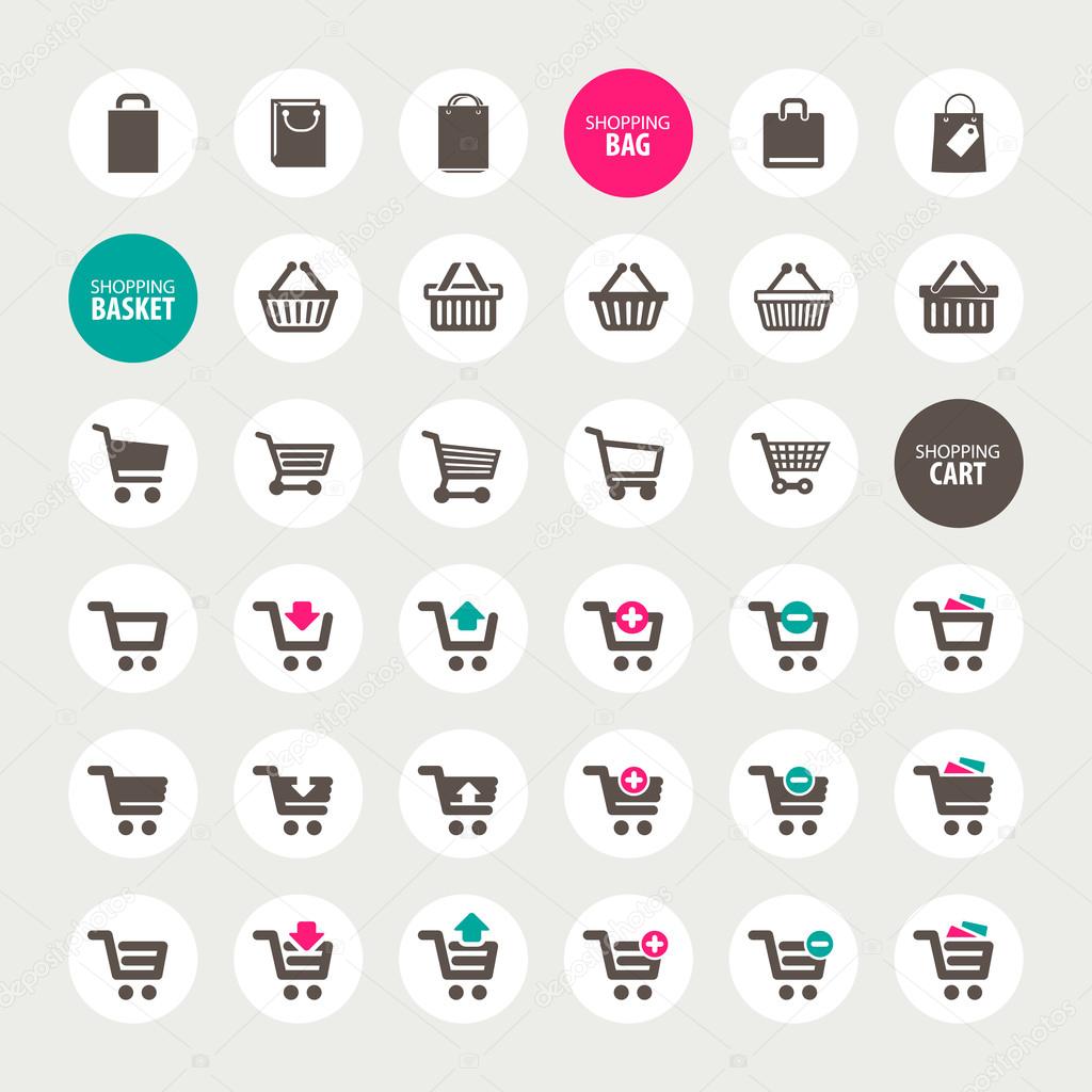 Set of shopping cart, basket and bag icons