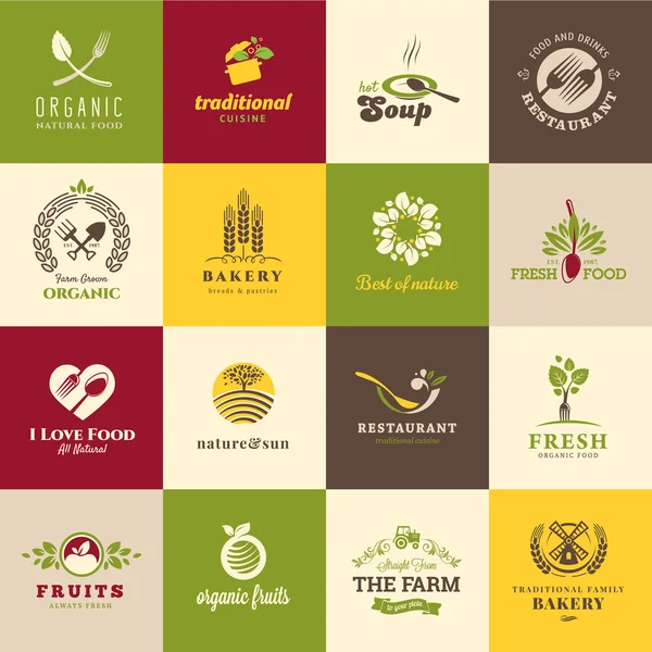 Symbolset für Essen und Trinken, Restaurants und Bioprodukte — Stockvektor