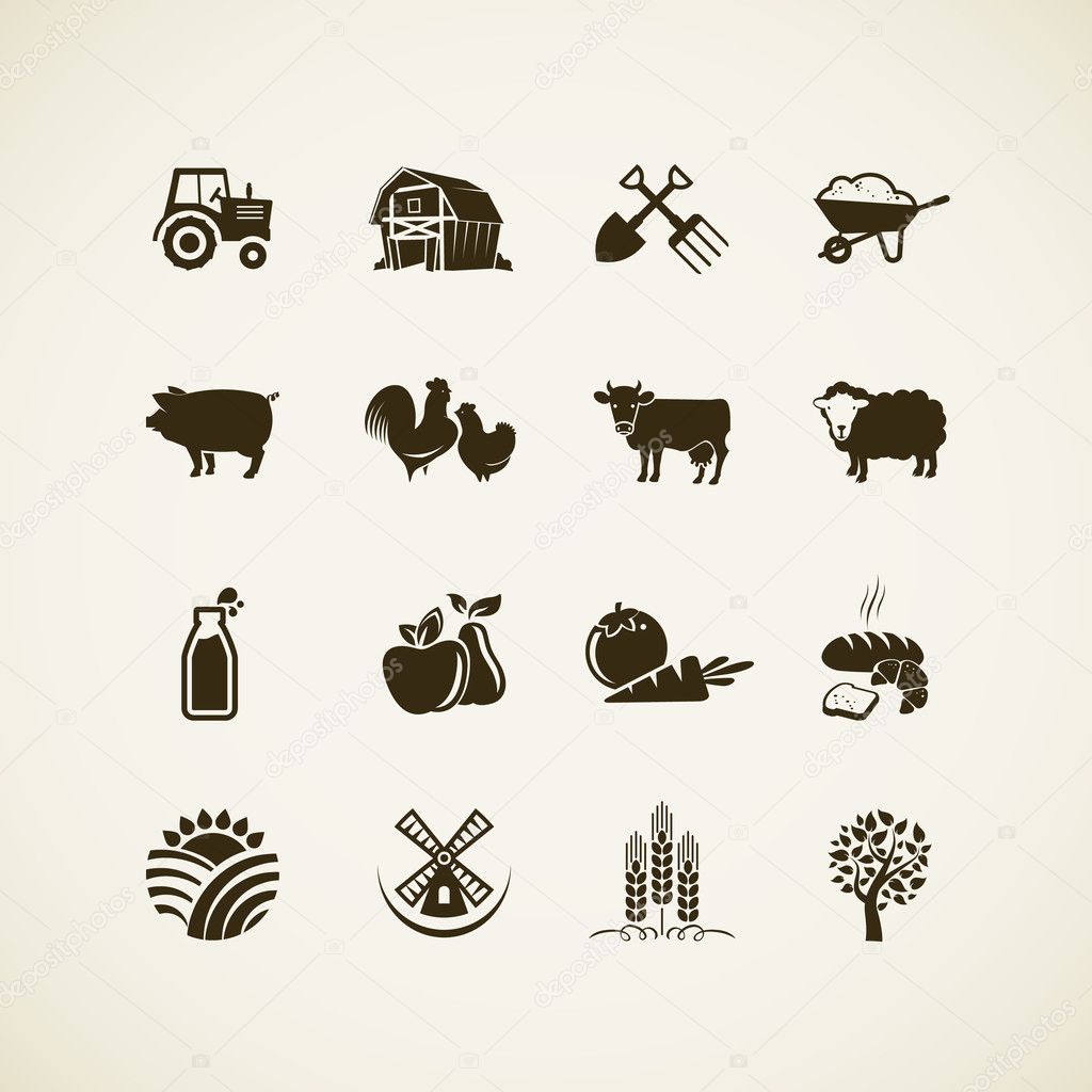 Set of farm icons - farm animals, food and drink production, organic product, machinery and tools on the farm.