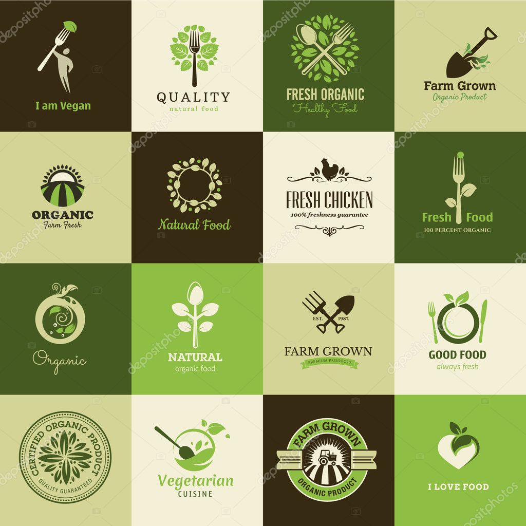 Set of vector icons for organic food and restaurants