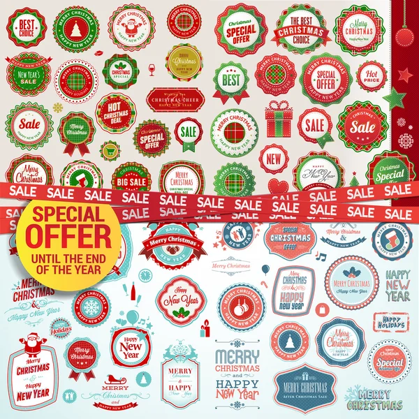 Set di etichette, striscioni, adesivi, distintivi ed elementi per Natale e Capodanno — Vettoriale Stock