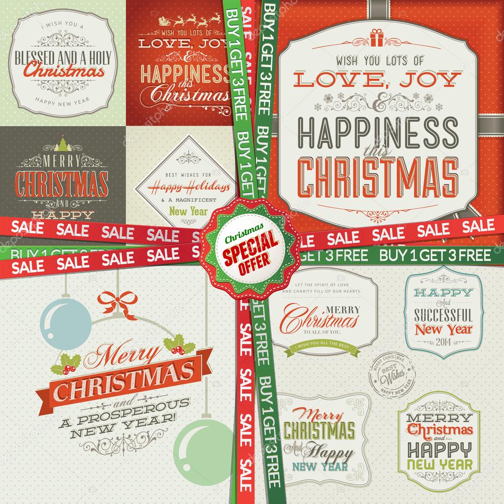 Set of greeting cards, labels, stickers, banners and badges for Christmas and New Year